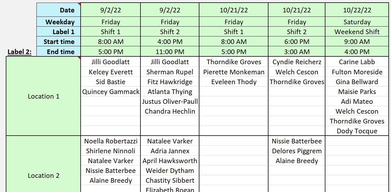 Excel Group and Shift Scheduler - main schedule page