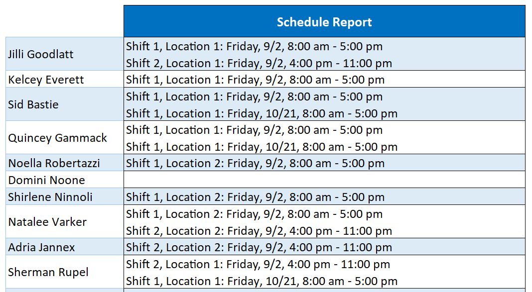 Excel Group and Shift Scheduler - schedule report