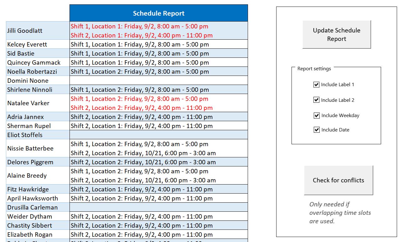 Excel Group and Shift Scheduler - schedule report customization