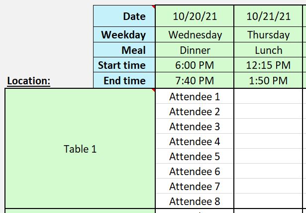Excel speed dating scheduler - meal schedule